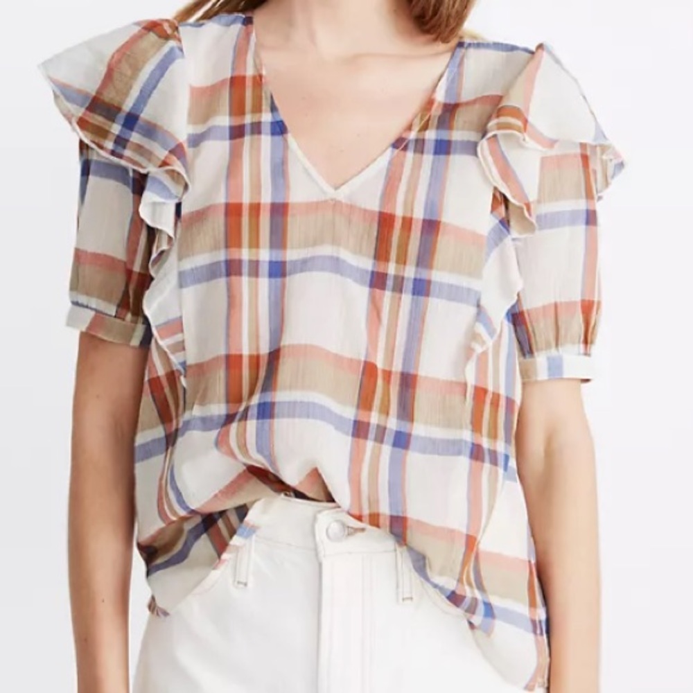 Madewell V-Neck Ruffle-Sleeve Blue, Orange, and Cream Plaid Blouse Sz XXS